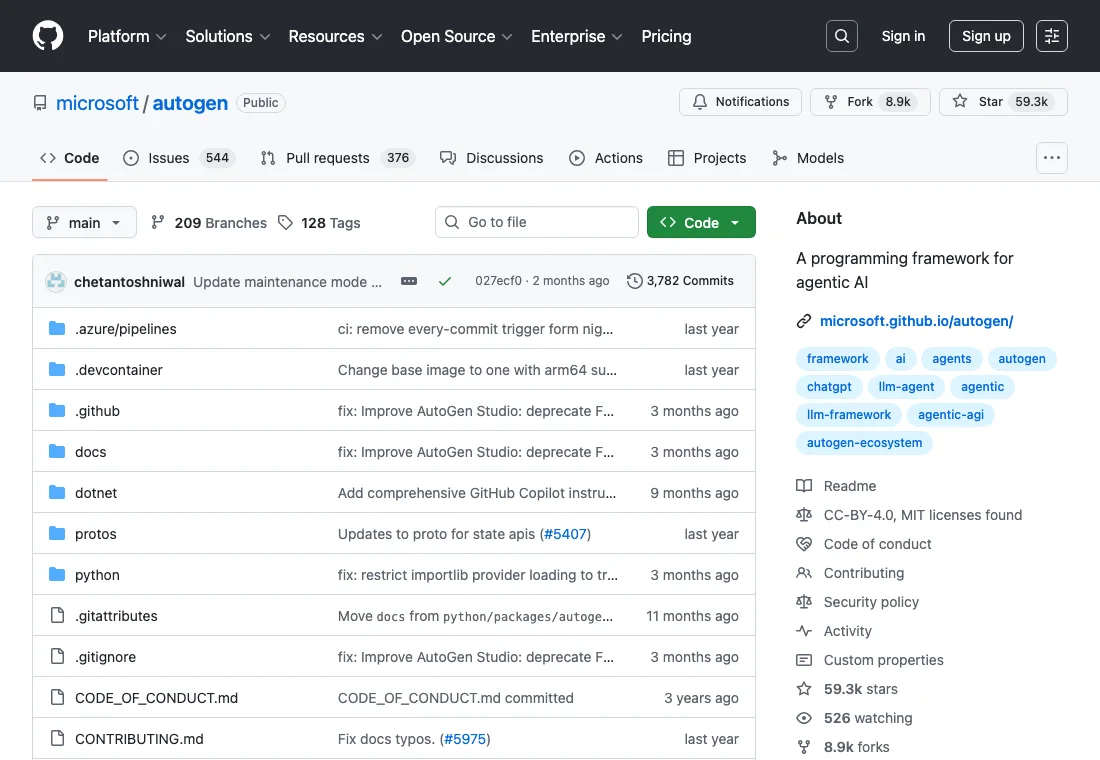 GitHub repository evidence for Microsoft AutoGen showing repo activity and multi-agent framework positioning