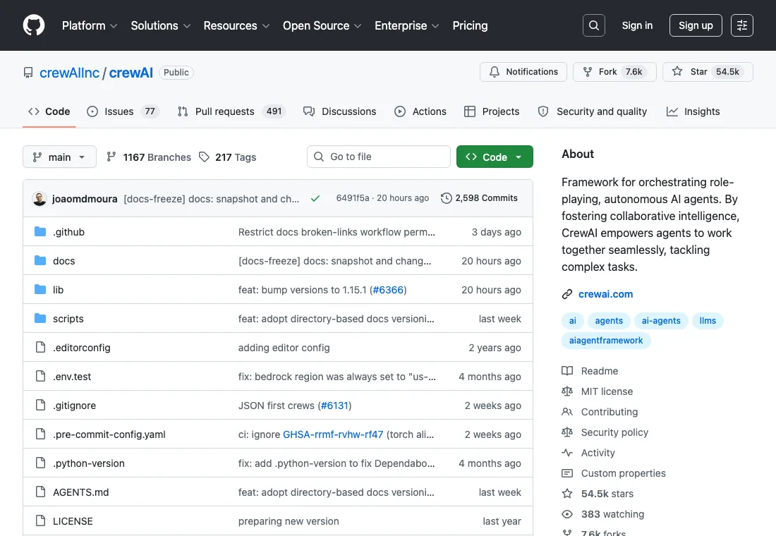 GitHub repository evidence for CrewAI showing project activity, repo structure, and adoption signals
