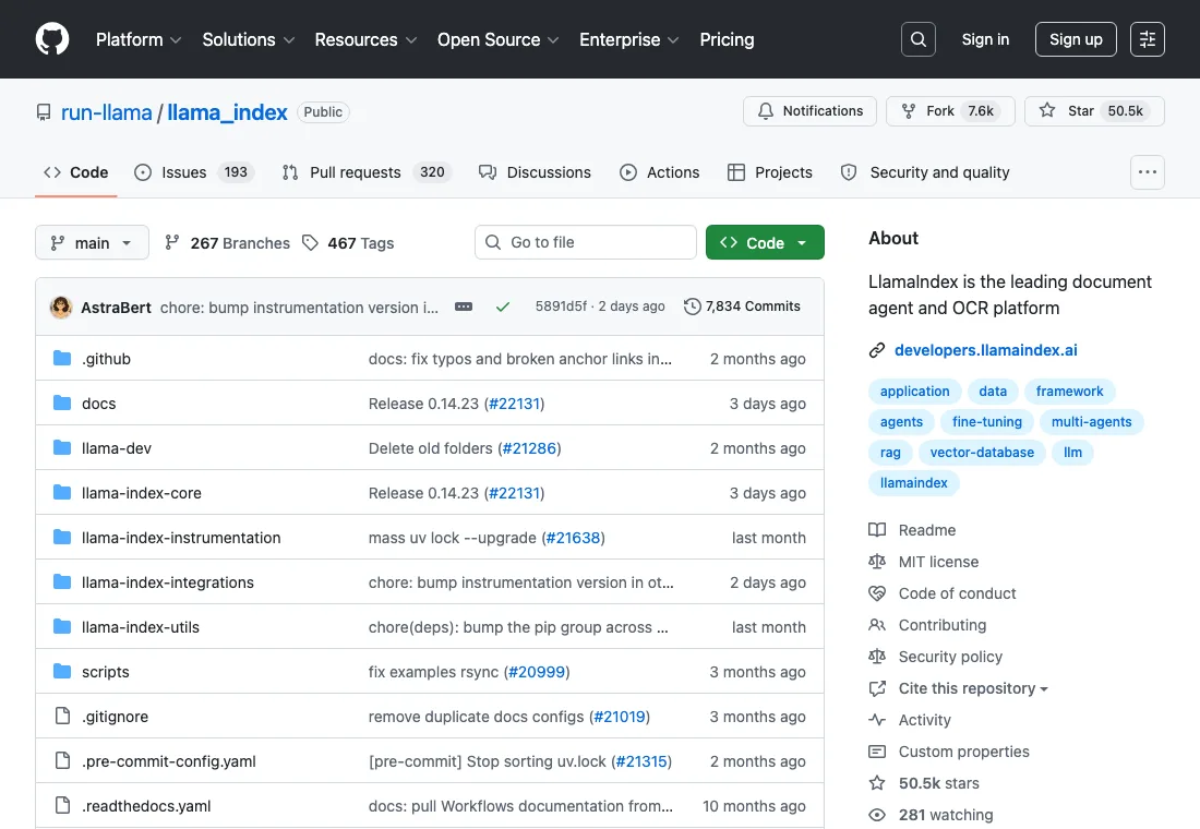 GitHub repository evidence for LlamaIndex showing repo activity, documentation, and data-agent positioning