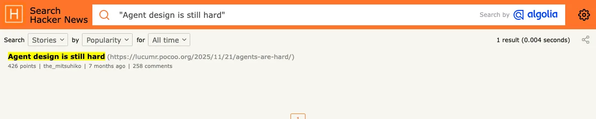 Hacker News search capture for Agent design is still hard with 426 points and 258 comments