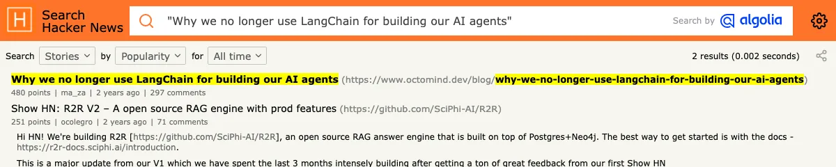 Hacker News search capture for Why we no longer use LangChain for building our AI agents with 480 points and 297 comments