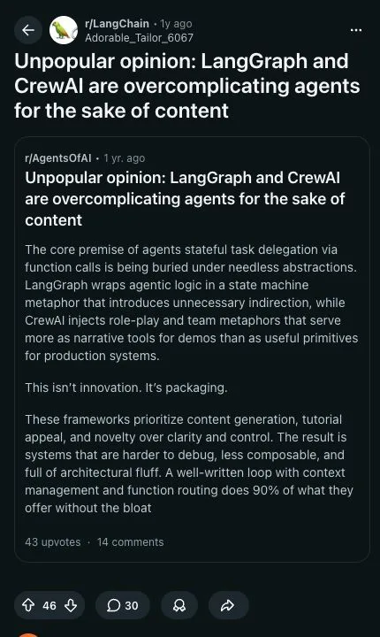 Reddit skepticism about LangGraph and CrewAI adding abstraction to agent development