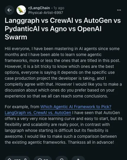 Reddit comparison of LangGraph, CrewAI, AutoGen, PydanticAI, Agno, and OpenAI Swarm