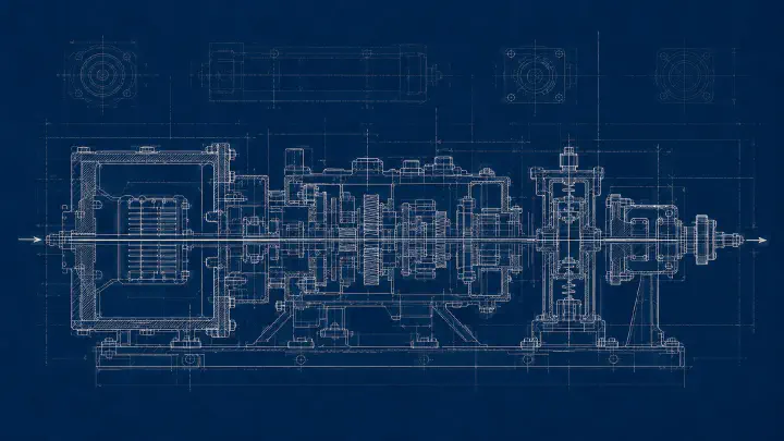 Blueprint-style sectional mechanism with an input chamber, processing assembly, inspection gate, and output coupling