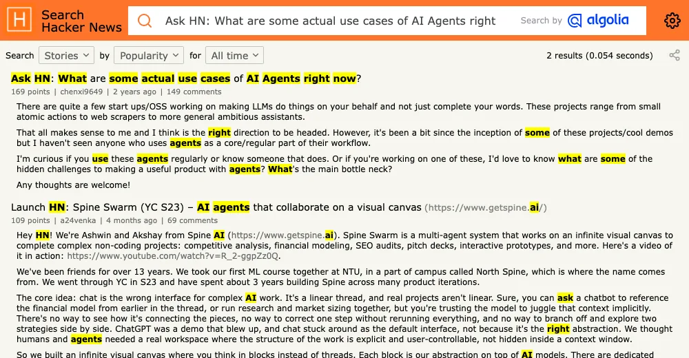Hacker News search capture for Ask HN discussion about actual use cases of AI agents right now