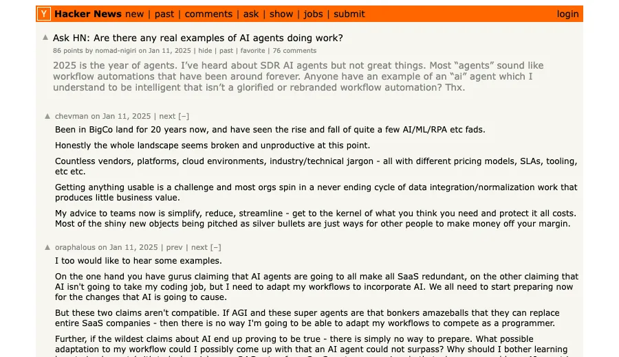 Hacker News Ask HN discussion asking for real examples of AI agents doing work