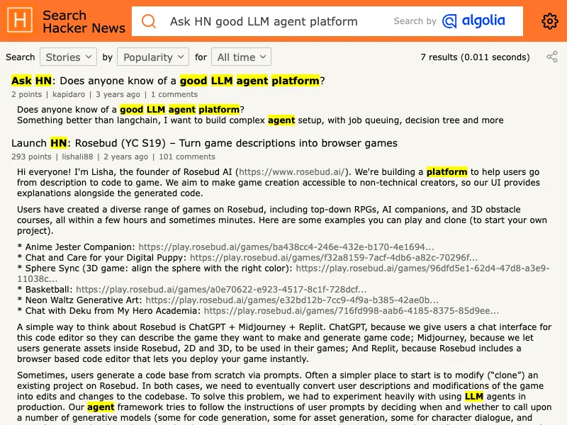Hacker News search capture for Ask HN good LLM agent platform discussions