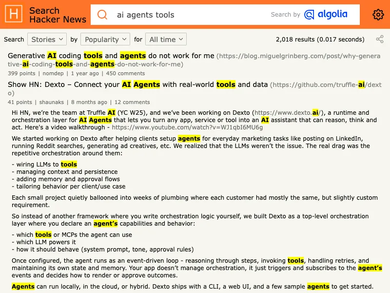 Hacker News search capture for AI agent tools discussions