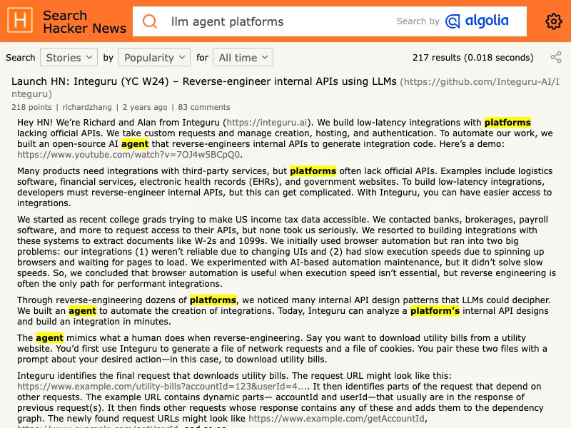 Hacker News search capture for AI agent framework tools discussions