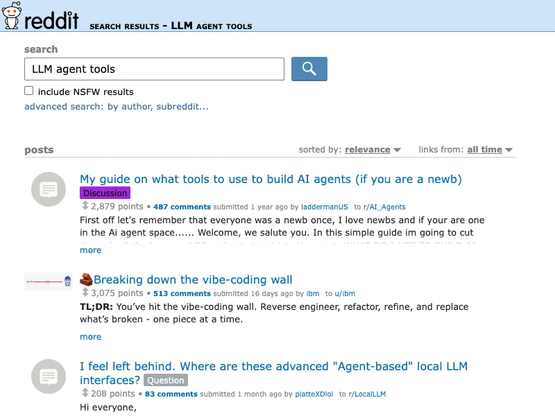 Reddit search capture for LLM agent tools discussions