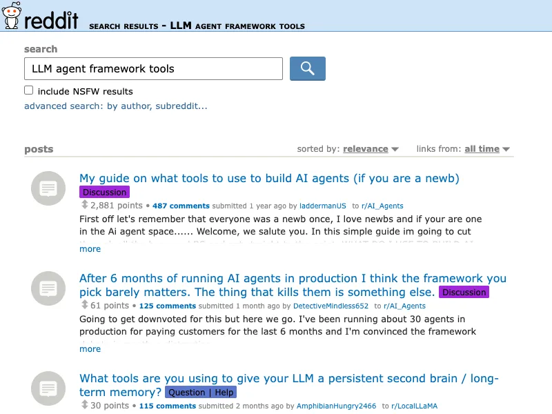 Reddit search capture for LLM agent framework tools discussions