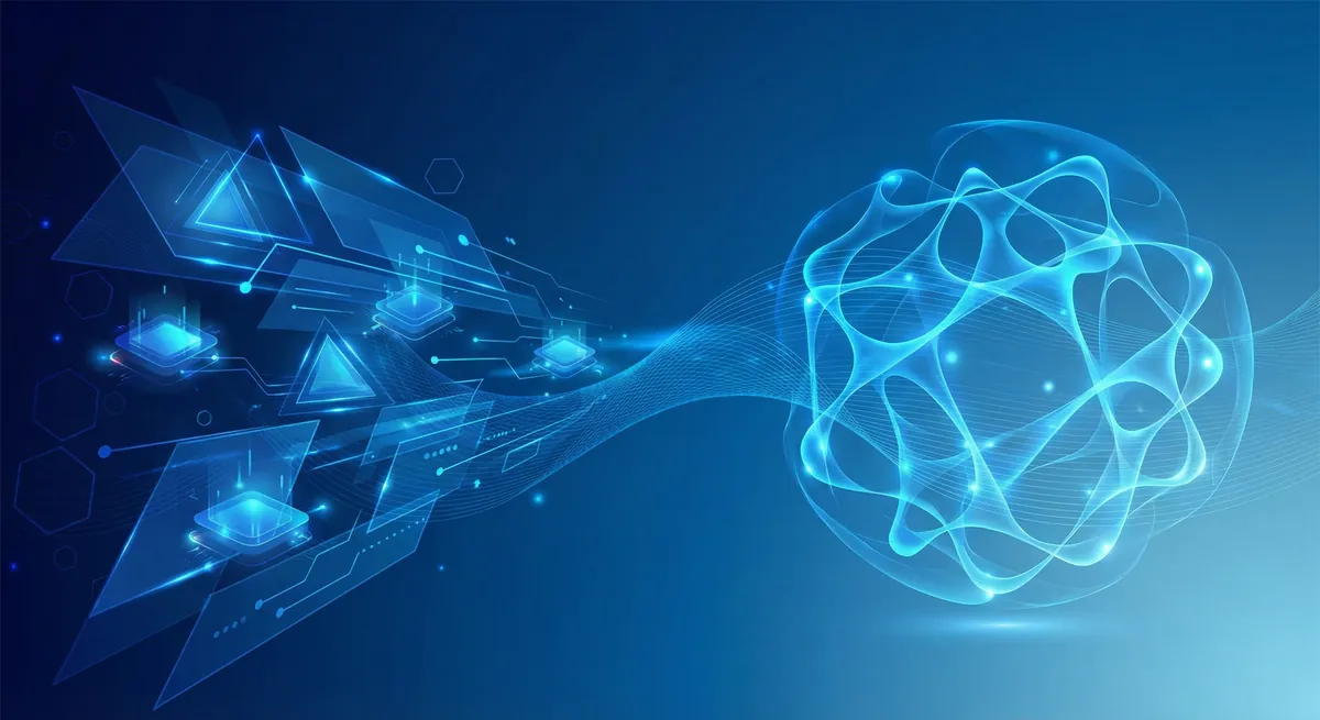 AI agents and autonomous systems concept with blue geometric design