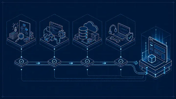 Blueprint of four automation project cost layers passing milestone gates into a deployed system