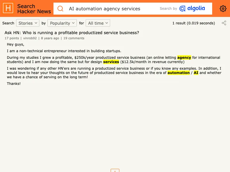 Hacker News search capture for AI automation consultant discussions