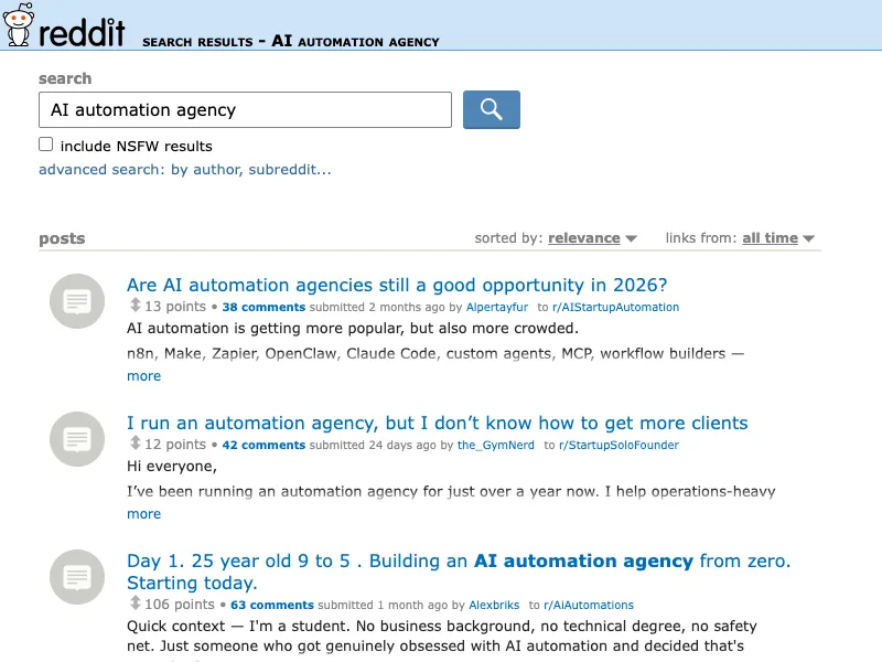 Reddit search capture for AI automation agency discussions