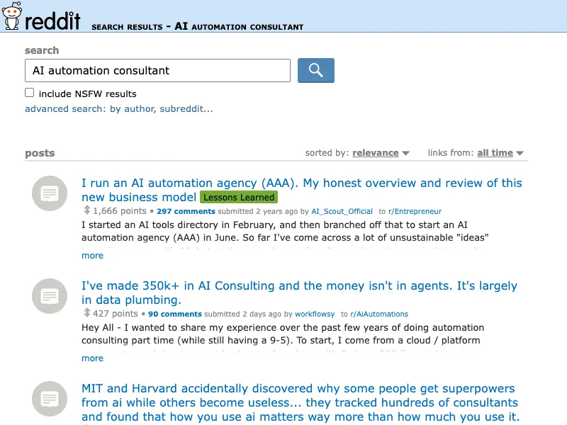 Reddit search capture for AI automation consultant discussions