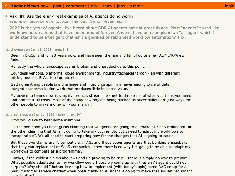 Hacker News search capture for AI automation ROI discussions