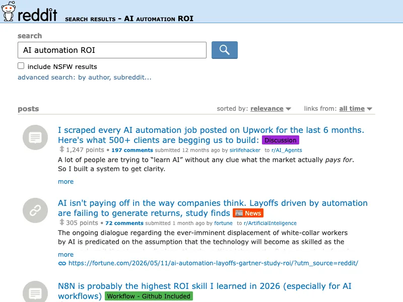 Reddit search capture for AI automation ROI discussions