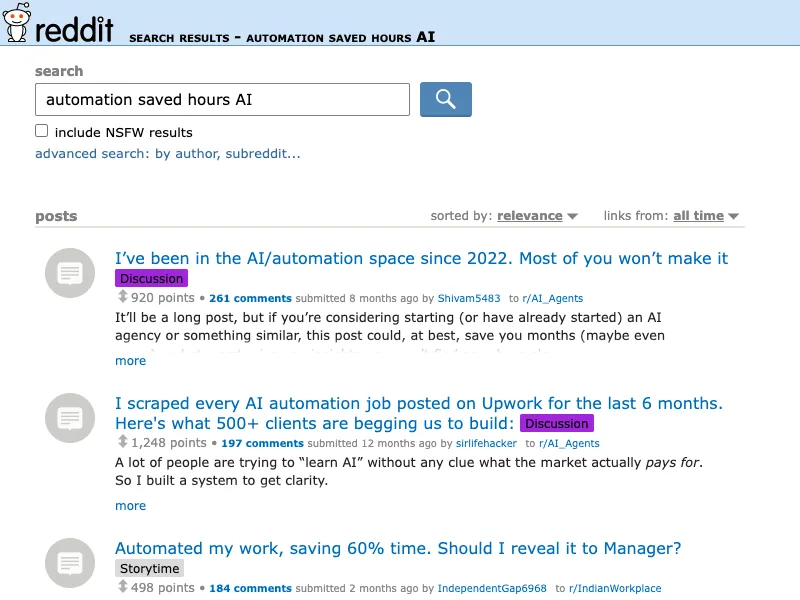 Reddit search capture for automation saved hours AI discussions