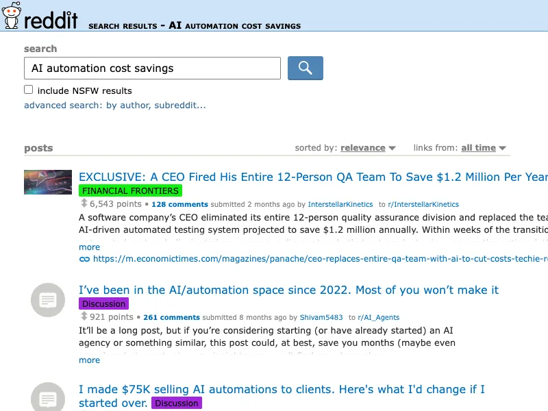 Reddit search capture for AI automation cost savings discussions