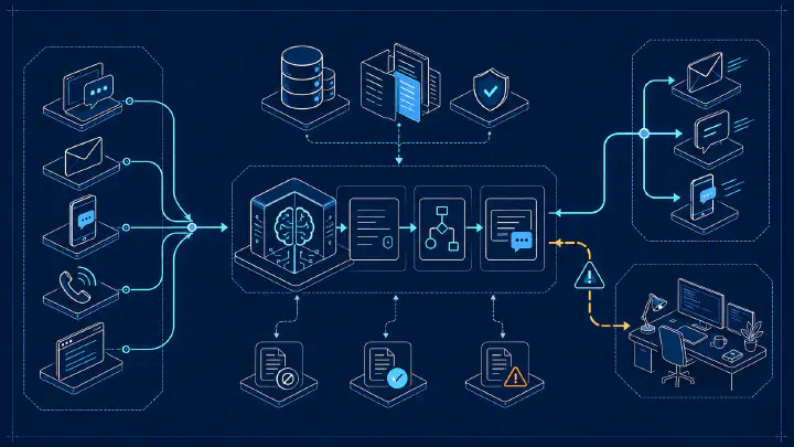 Blueprint of customer channels flowing through knowledge retrieval, AI routing, answer drafting, and human escalation