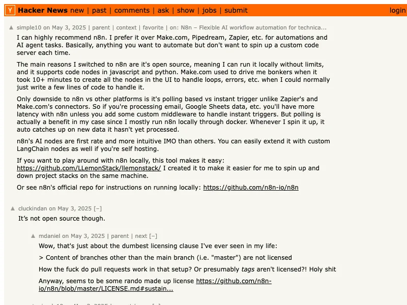 Hacker News search capture for AI workflow automation tools discussions