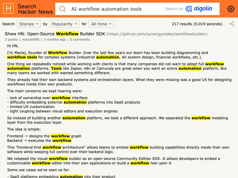 Hacker News search capture for n8n AI workflow automation discussions