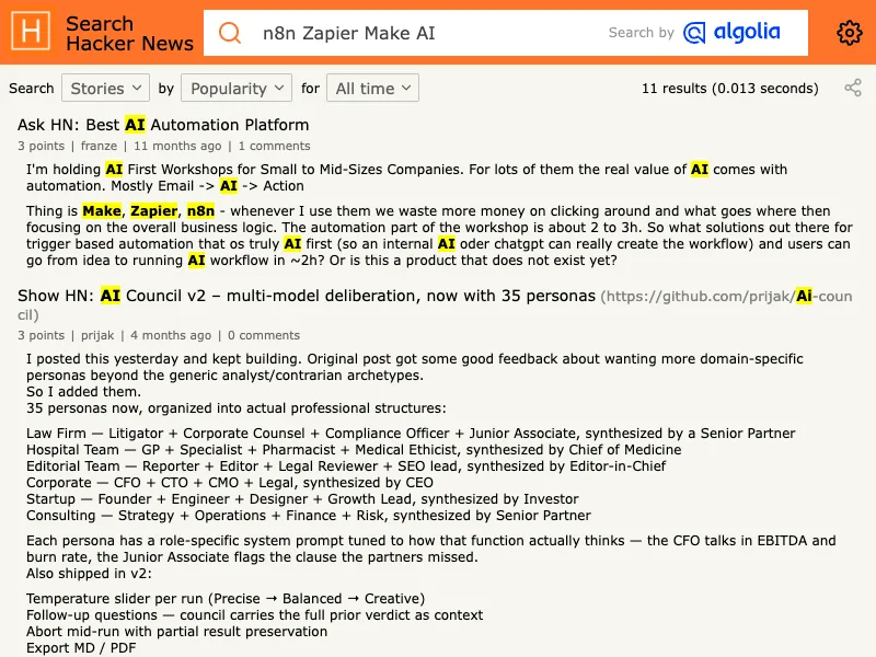 Hacker News search capture for Zapier Make AI automation discussions
