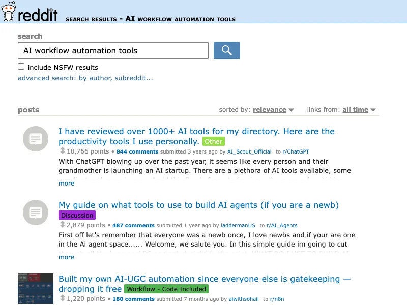Reddit search capture for AI workflow automation tools discussions