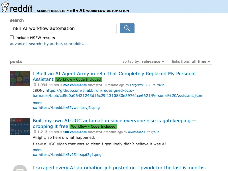 Reddit search capture for n8n AI workflow automation discussions