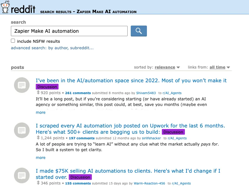 Reddit search capture for Zapier Make AI automation discussions