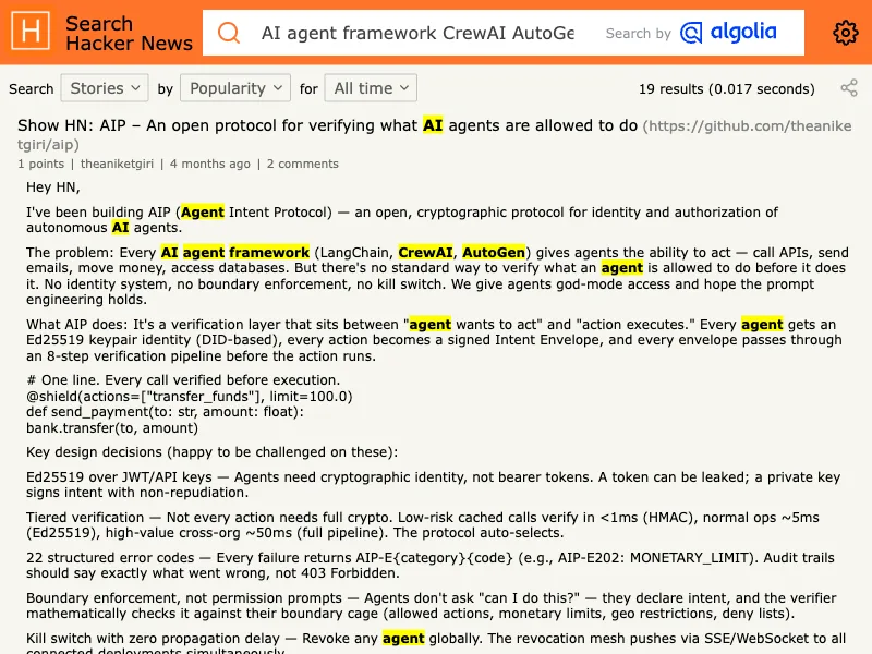 Hacker News search capture for AutoGen CrewAI discussions