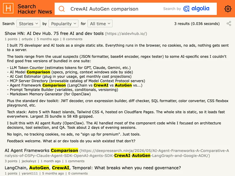 Hacker News search capture for AI agent framework CrewAI AutoGen discussions