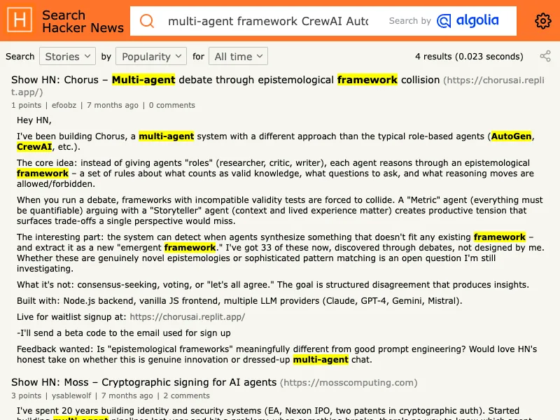 Hacker News search capture for LangGraph CrewAI AutoGen discussions
