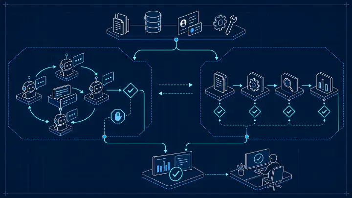 Blueprint comparing a bounded conversational agent loop with a validated task sequence using shared inputs and review