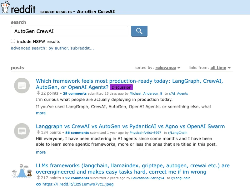 Reddit search capture for AutoGen CrewAI discussions