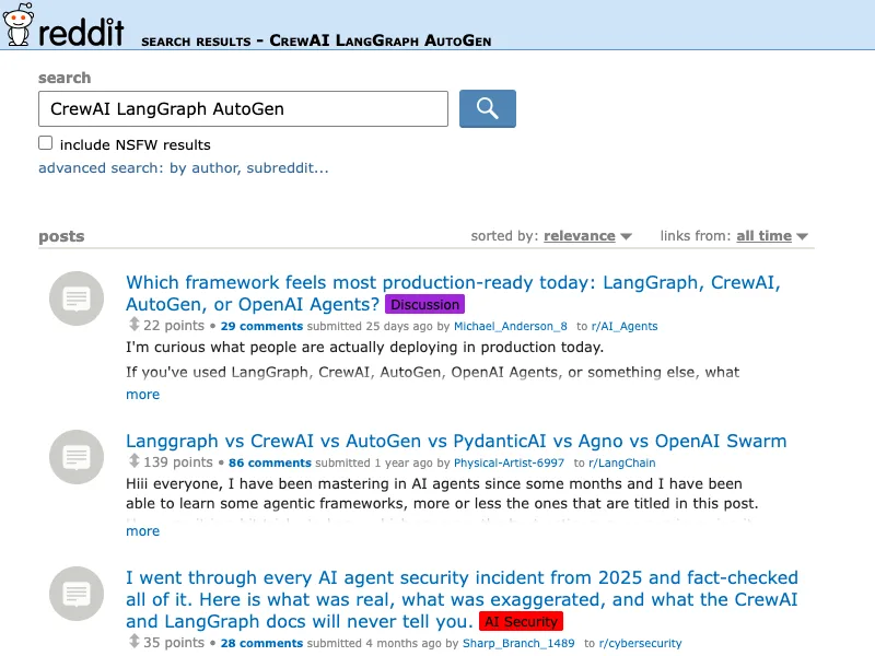 Reddit search capture for CrewAI LangGraph AutoGen discussions