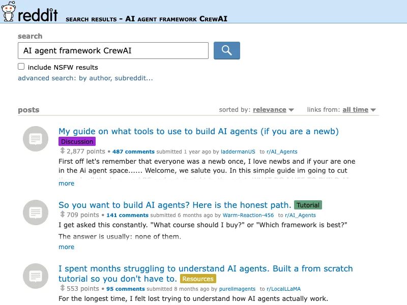 Reddit search capture for AI agent framework CrewAI discussions