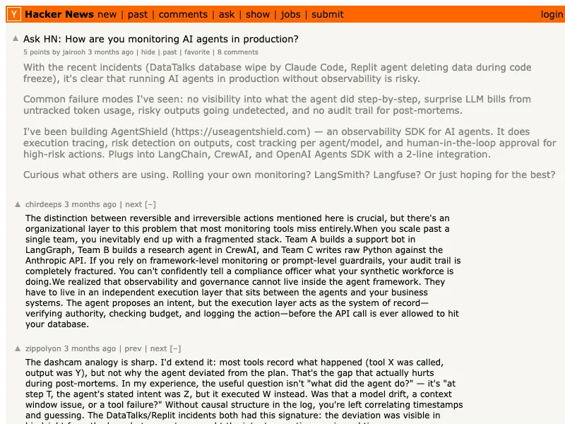 Hacker News search capture for agentic AI tools discussions