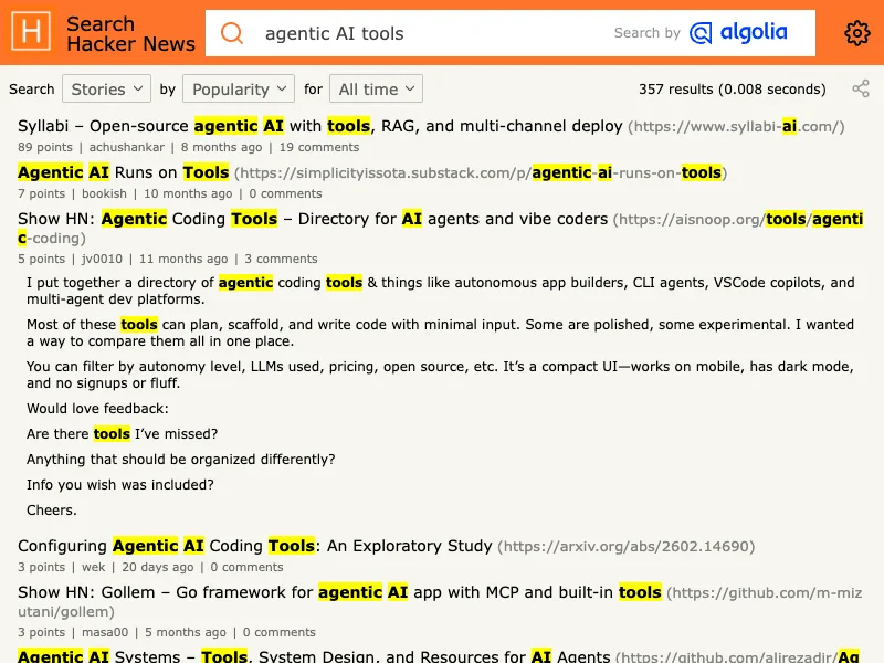 Hacker News search capture for AI agent platforms discussions