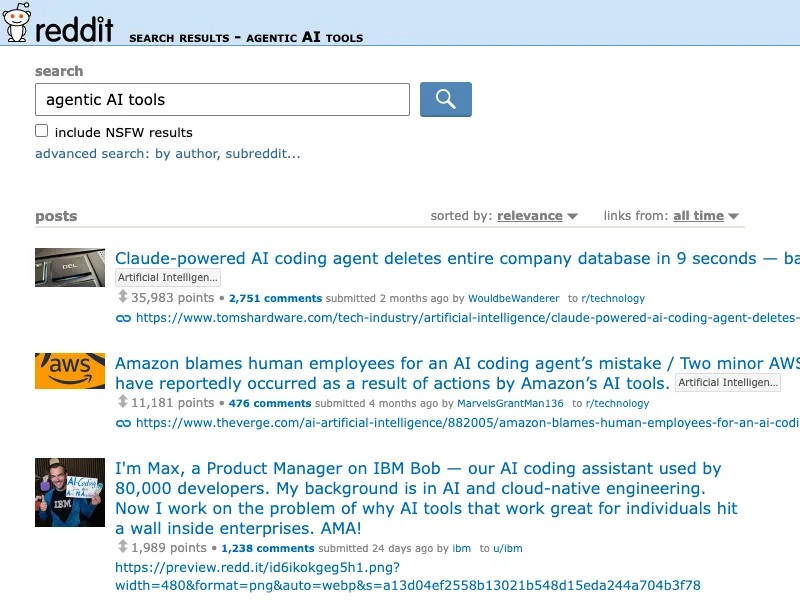 Reddit search capture for agentic AI tools discussions