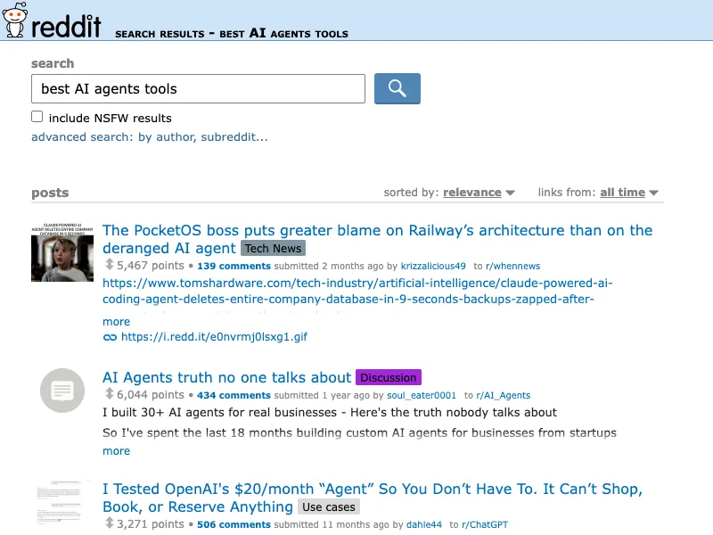 Reddit search capture for best AI agents tools discussions