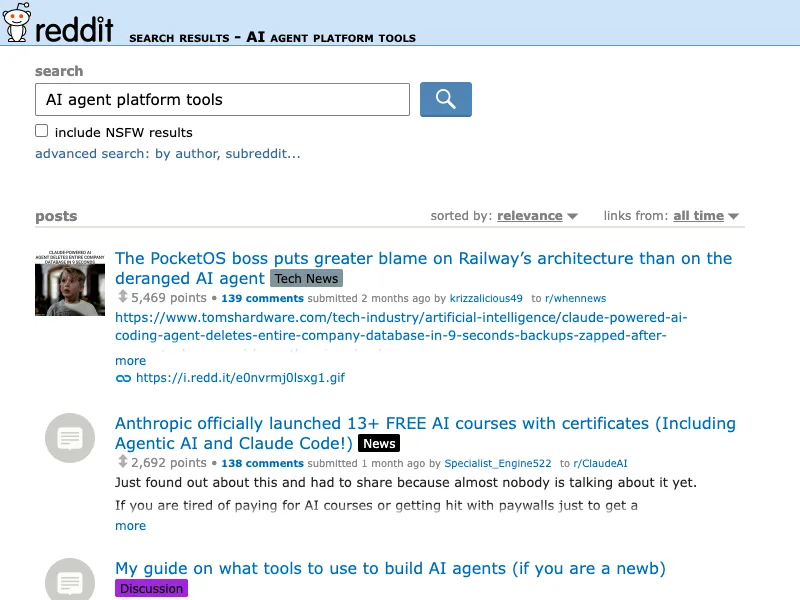 Reddit search capture for AI agent platform tools discussions