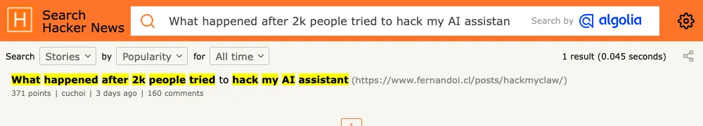 Hacker News search capture for a security discussion about hacking an AI assistant