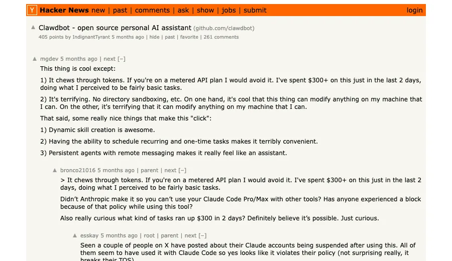 Hacker News discussion for Clawdbot open source personal AI assistant with comments about recurring tasks, remote messaging, costs, and broad machine access