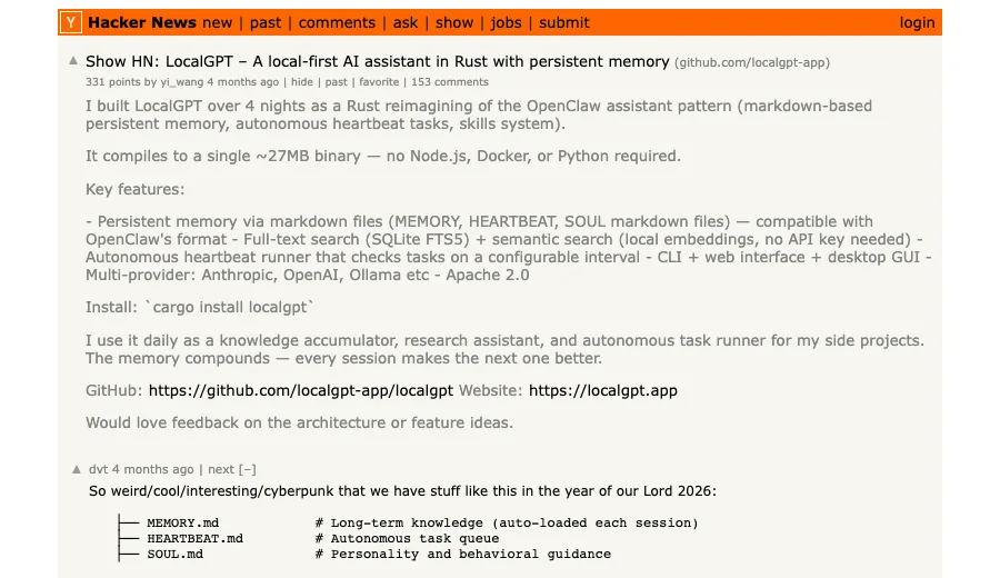 Hacker News discussion for LocalGPT local-first AI assistant with persistent memory
