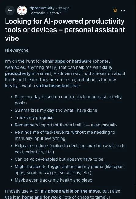 Reddit discussion asking for AI-powered productivity tools with memory, context-based planning, reminders, and phone actions