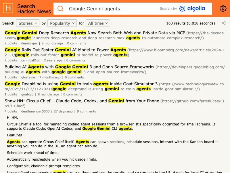 Hacker News search capture for Google Gemini agents discussions