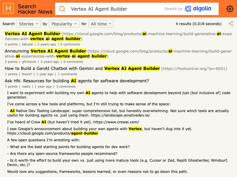 Hacker News search capture for Gemini automation agent discussions