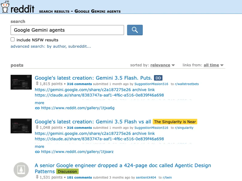 Reddit search capture for Google Gemini agents discussions
